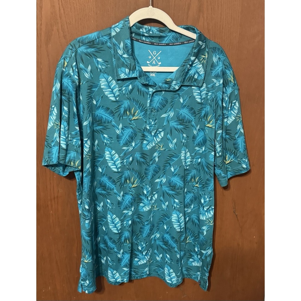 Golf America Teal Green Blue Leaves Tropical Golf Shirt Sz XXL Excellent Tub21